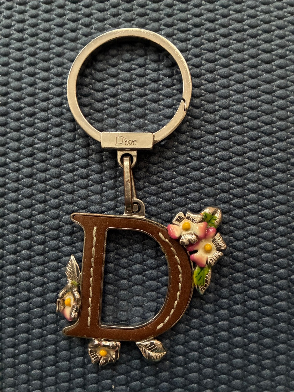 Dior Brown Leather ‘D' Keyring with Floral Accents - Authentic Made in Italy